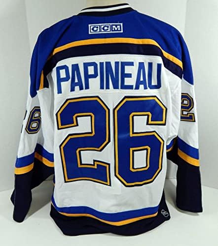 2001-02 St. Louis Blues Justin Papineau 26 Játékban Használt Fehér Jersey DP12118 - Játék Használt NHL-Mezek